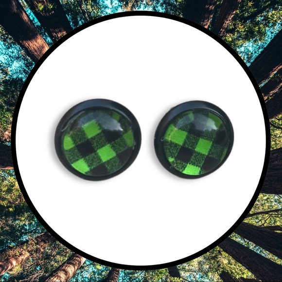 Handmade Jewelry - Neon Green Plaid Stud Earrings